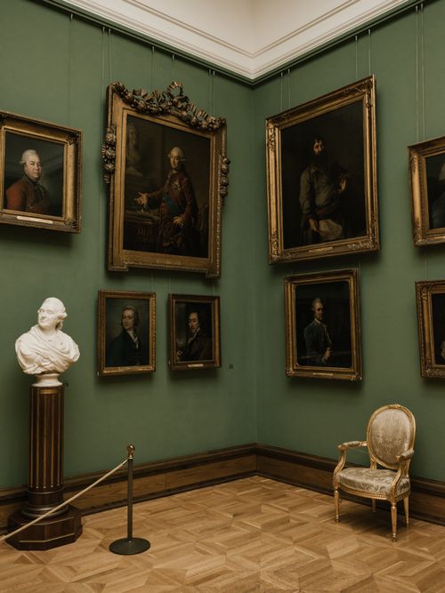 Free A refined art gallery room featuring classic portraits and a vintage chair against a green wall. Stock Photo