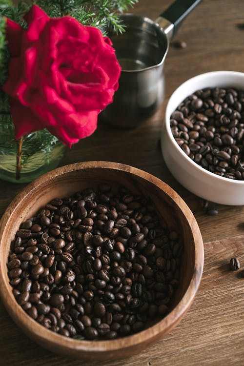 Coffee Beans in a Wooden Bowl and Ceramic Bowl
