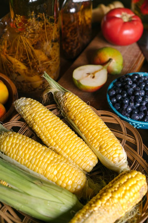 Free Fresh Corn, Blueberries and Apples Stock Photo