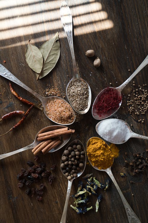 Free Spices on Tablespoons Stock Photo