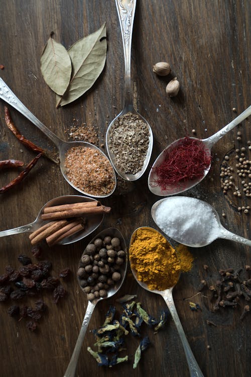 Free Spoons with Various Spices Stock Photo