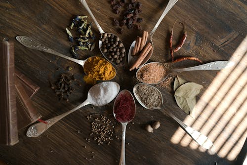 Free Spices on Tablespoons Stock Photo