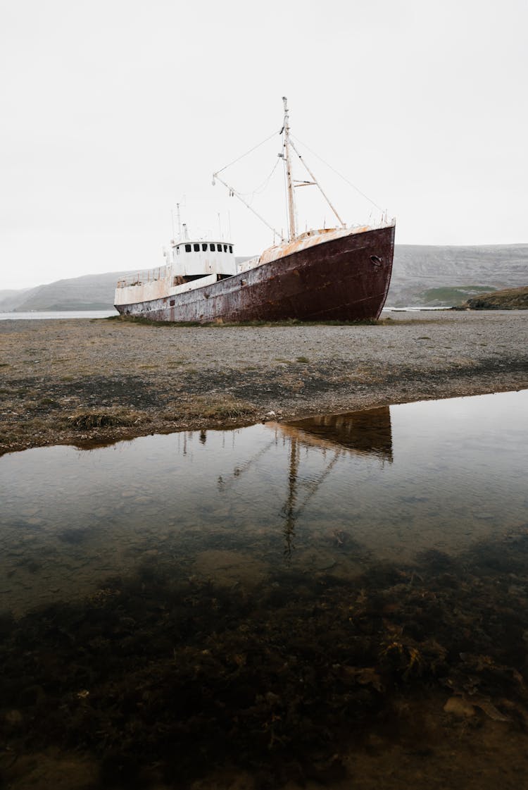 Grounded Ship On Beach