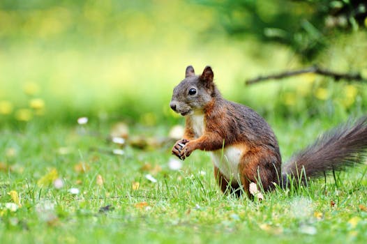 一只好奇的欧洲红松鼠在春天草地上站立的特写镜头