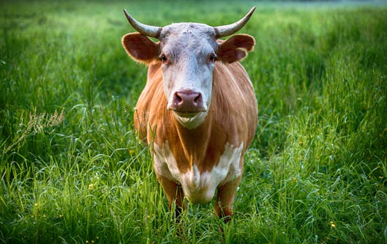 A close-up view of a brown cow standing in a lush green pasture.