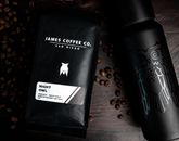 Top view of coffee beans with packaged coffee and refillable hot drink bottle