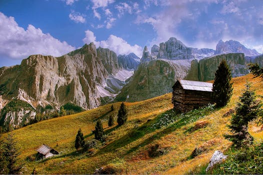 Idyllic alpine landscape with cabins and towering peaks in the Rocky Mountains.