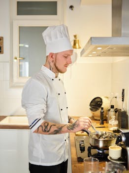 Tattooed chef in a white uniform preparing food in a sleek kitchen.