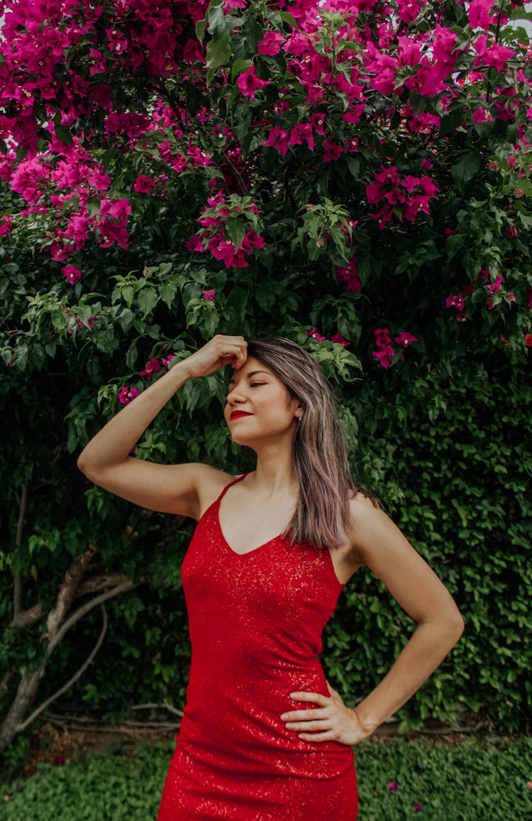 Calm Elegant Woman Enjoying Summer Blooming Garden