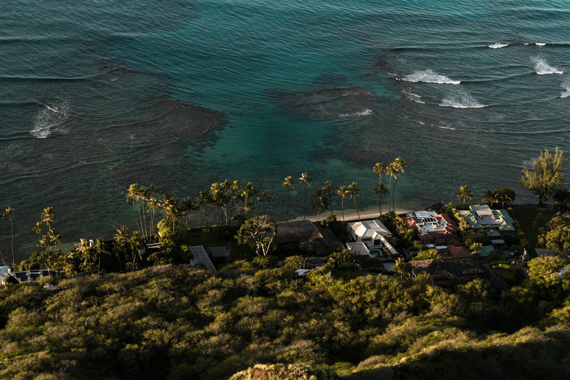 Aerial shot of luxurious beachfront homes by turquoise sea with lush greenery.