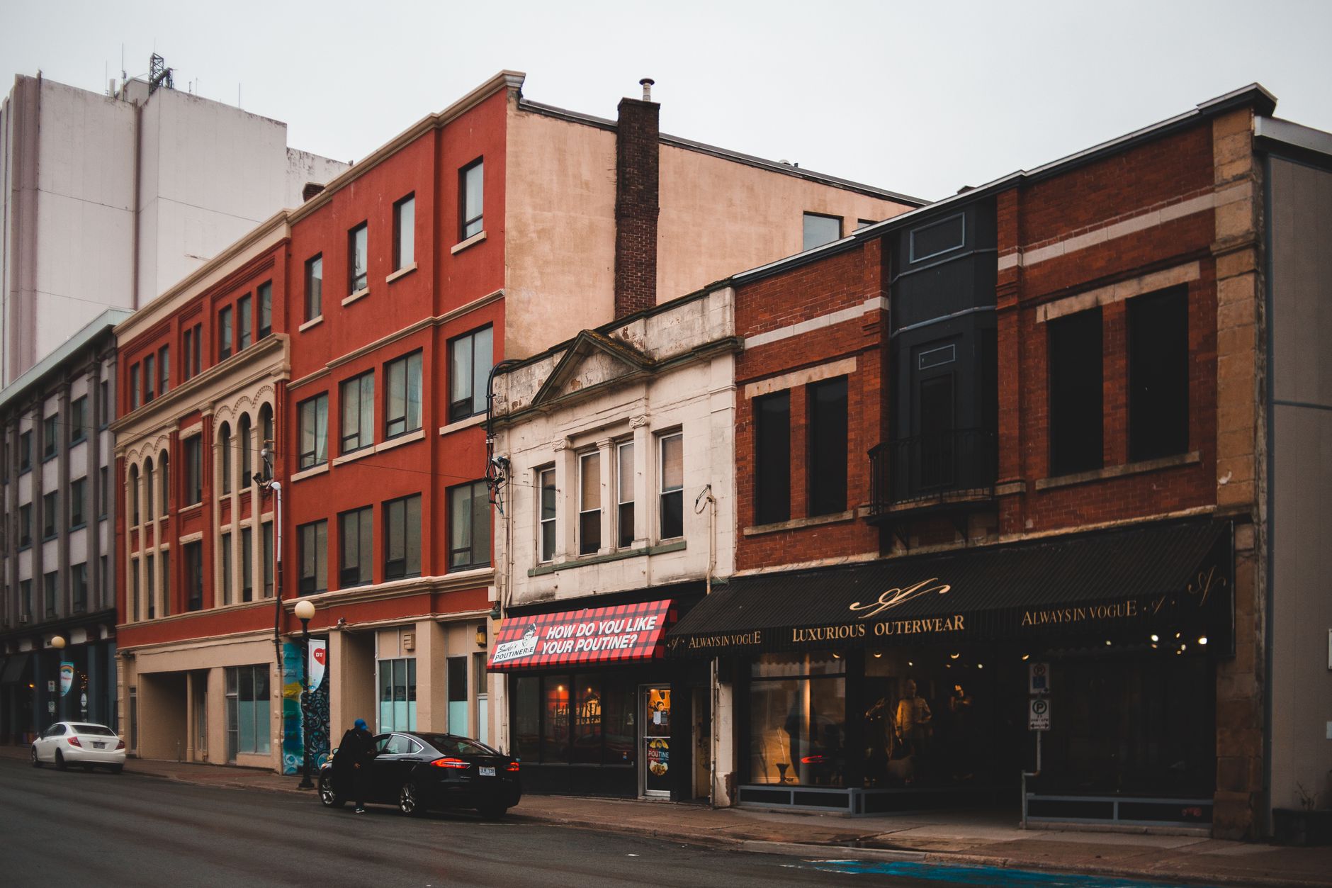Downtown Springfield courthouse square at dusk with brick storefronts