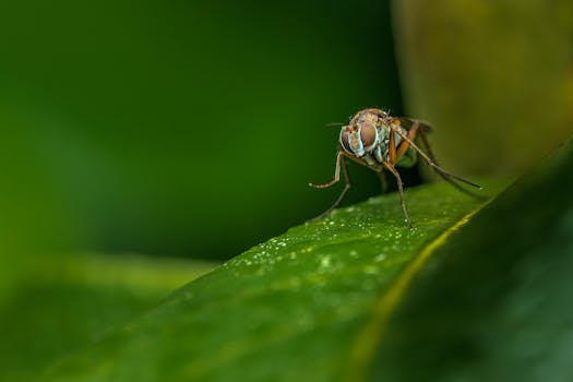 Detailed macro shot of a fly on a dewy green leaf with natural background.