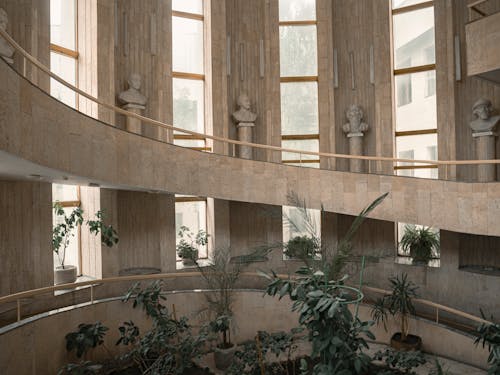 From below of various sculptures placed in row in hall of Vernadsky National Library of Ukraine decorated with assorted green plants