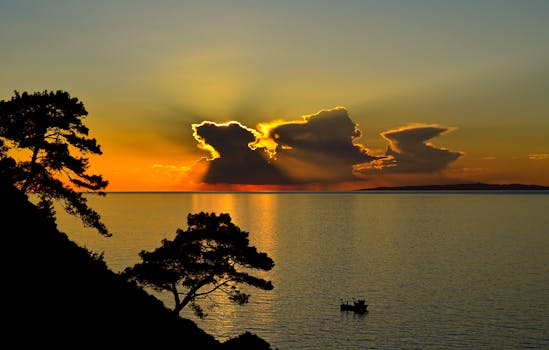 平静的海面上，一艘船的轮廓映衬着绚烂的日落