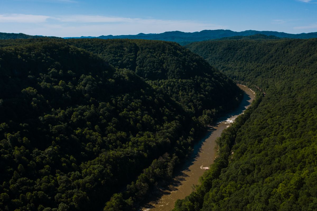 Cascading water over rocks along a forested river
