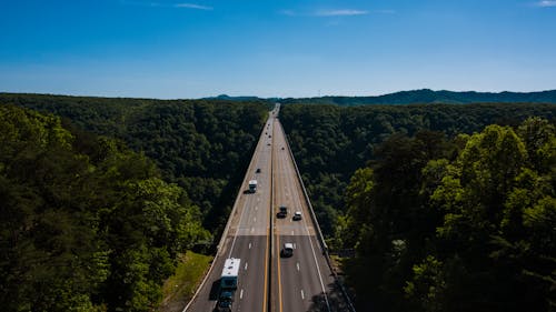 Aerial view of various vehicles riding on highway surrounded by lush green trees against blue sky on sunny day