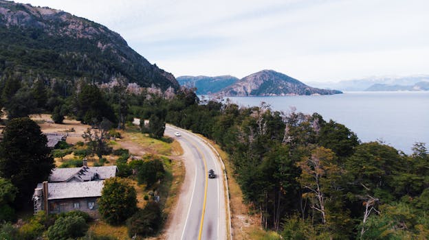 Aerial view of a scenic road winding through lush forests and mountains by a lake in Patagonia, Argentina.