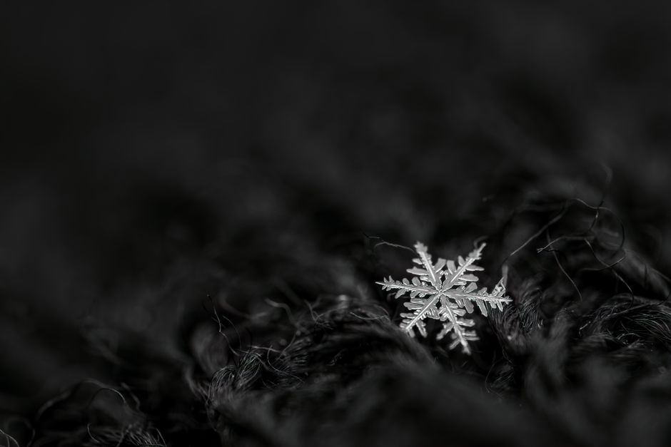 From above black and white of decorative snowflake with pointed edges between thin tangled threads at night