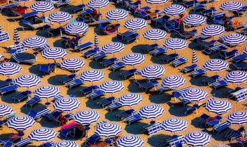 Kostenlos Luftaufnahme Der Blauen Und Weißen Offenen Häuschen Am Strand Stock-Foto