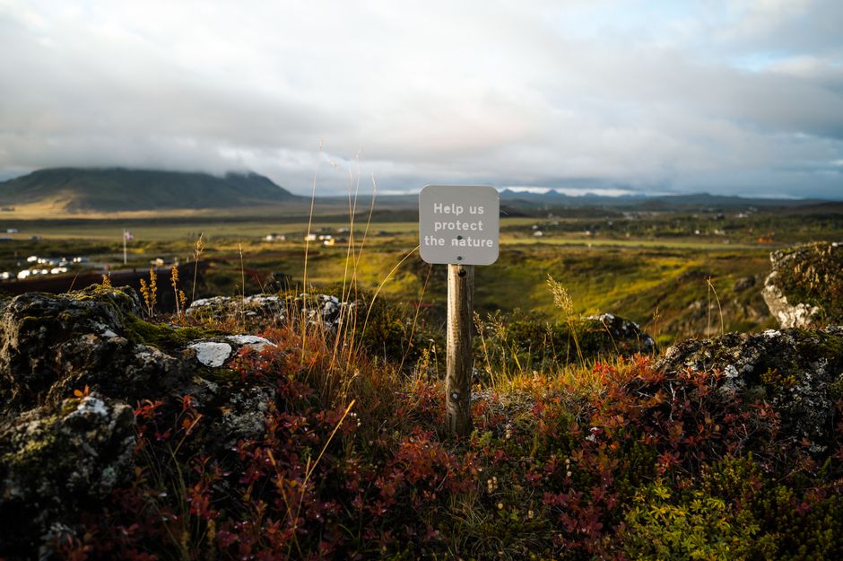 Scenic landscape in Iceland with a sign promoting nature protection.