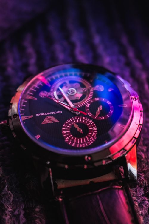 Free Close-up of a luxury chronograph watch with a leather strap and intricate details. Stock Photo