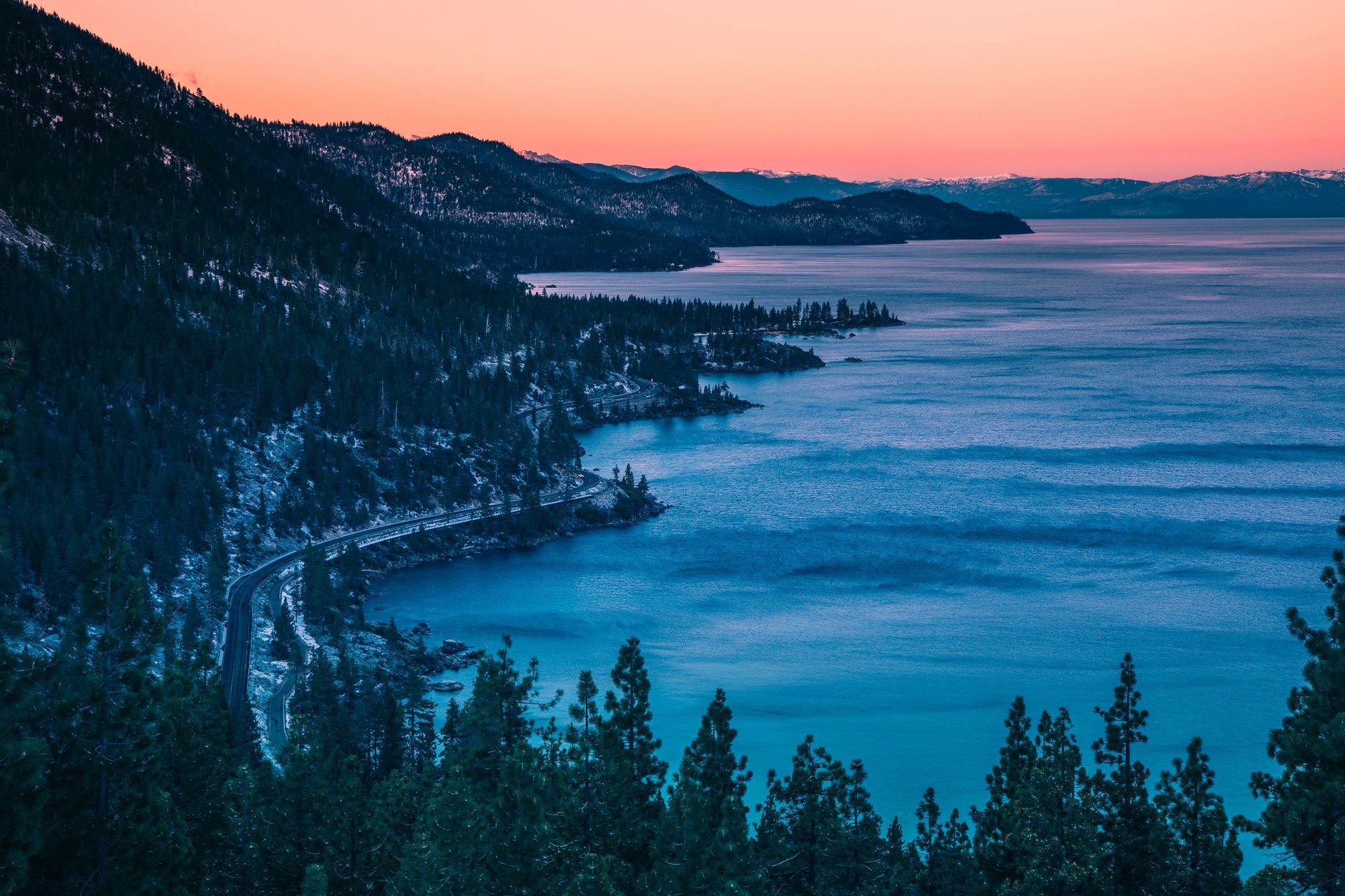 Snow-covered pines above Lake Tahoe's east shore