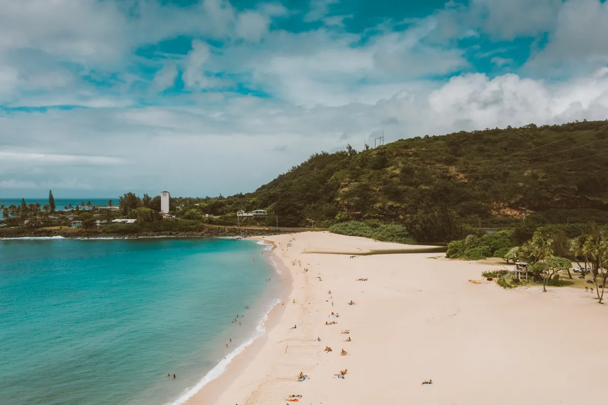 Aerial view of Waimea Bay on the North Shore of Oahu, Hawaii