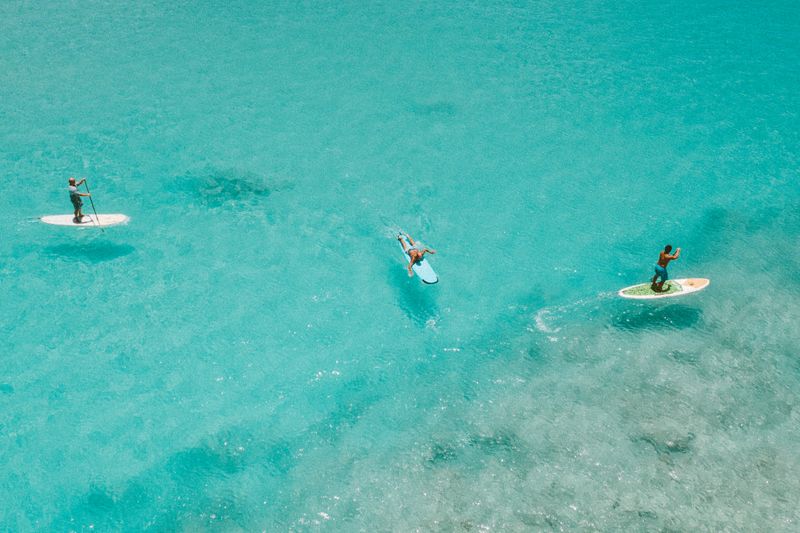 Grupo de personas practicando paddle surf en aguas turquesas en La Pineda, Tarragona