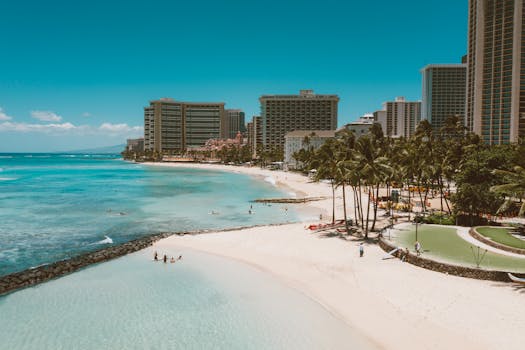 Stunning aerial shot of Waikiki Beach in Honolulu, showcasing clear blue waters and high-rise buildings.