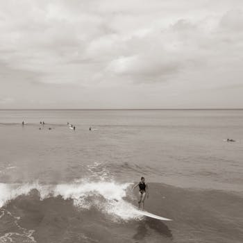 Aerial shot of surfers enjoying the waves on a beach in Hawaii, captured in sepia tones.
