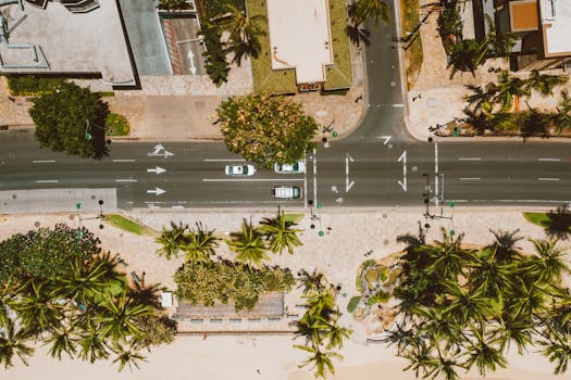 Aerial shot of a crossroad in Hawaii lined with palm trees, showcasing urban and coastal elements.