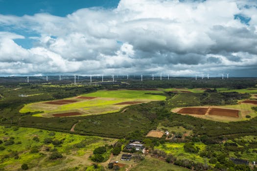 Photo by Jess Loiterton A breathtaking aerial shot of lush fields and wind turbines under a cloudy sky in Pupukea, Hawaii.