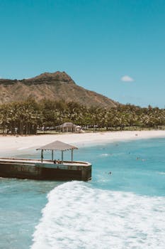 Stunning aerial image of Waikiki Beach with Diamond Head in the background.