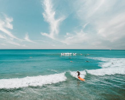 Stunning aerial shot capturing surfers riding waves on a sunny day in Hawaii.