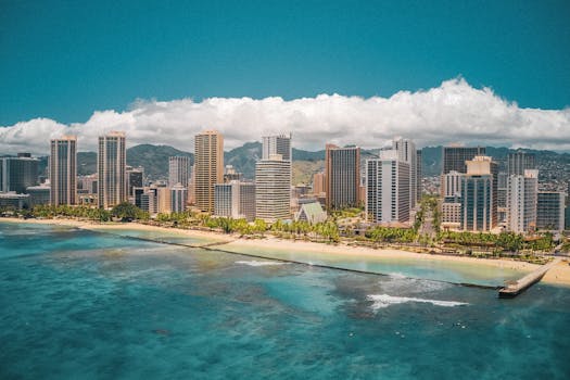 Stunning aerial view of Waikiki Beach and cityscape under clear blue skies in Honolulu, Hawaii.