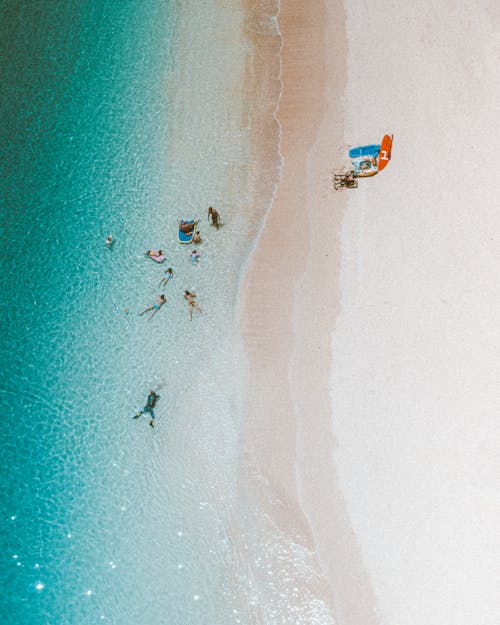 Aerial View of People Swimming at the Beach