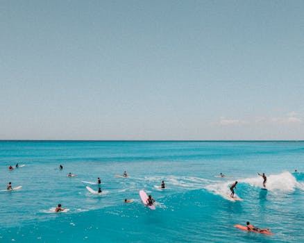 Aerial photo of surfers riding waves in Hawaii's clear blue sea, capturing ocean life.