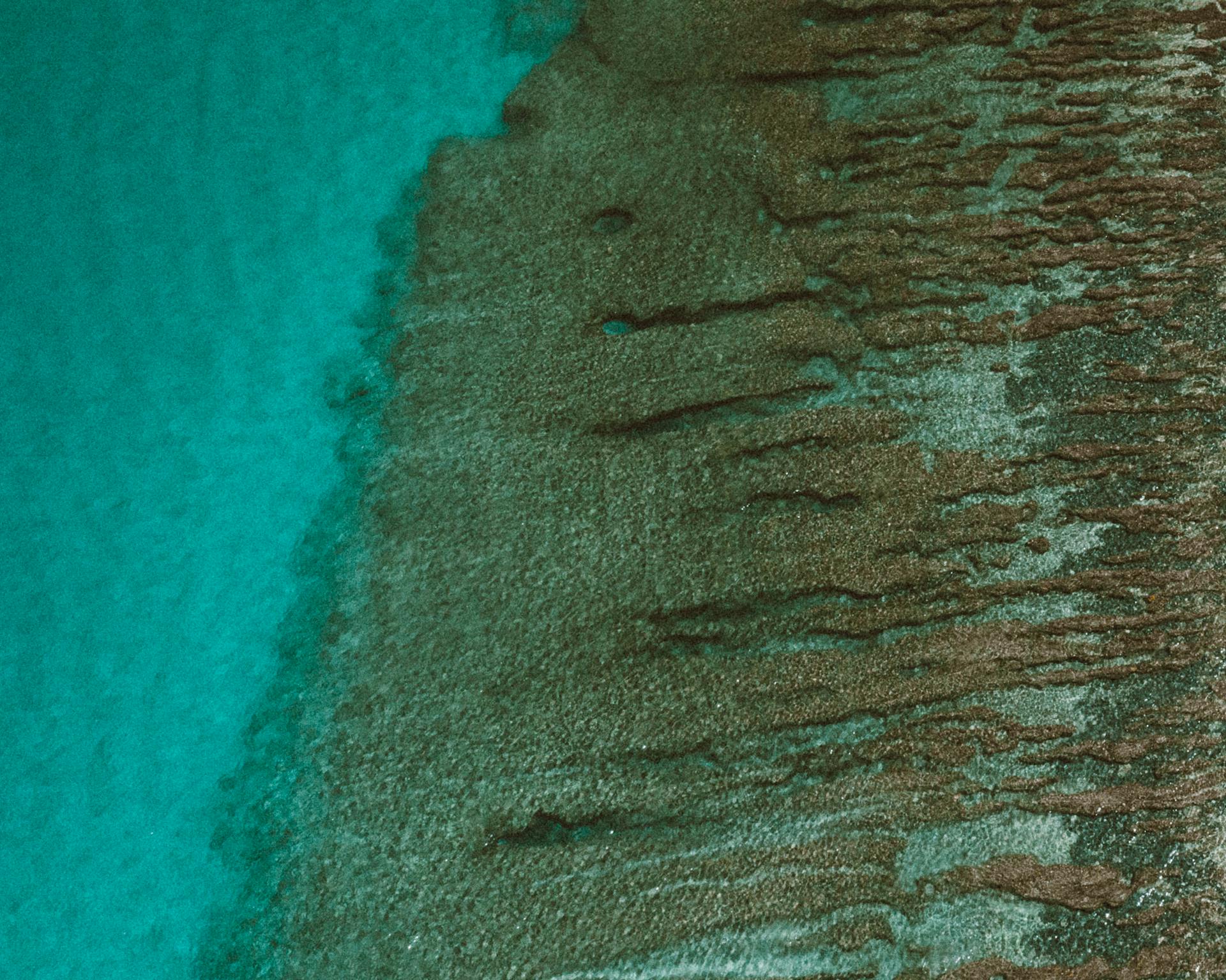 Stunning aerial view of a clear blue ocean with visible coral reef patterns, ideal for nature enthusiasts.