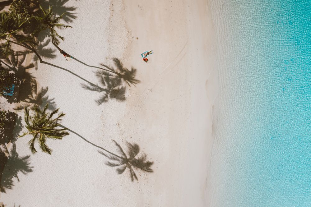Vista aérea de playa solitaria con sombras de palmeras sobre arena blanca y laguna turquesa en Islas Cook