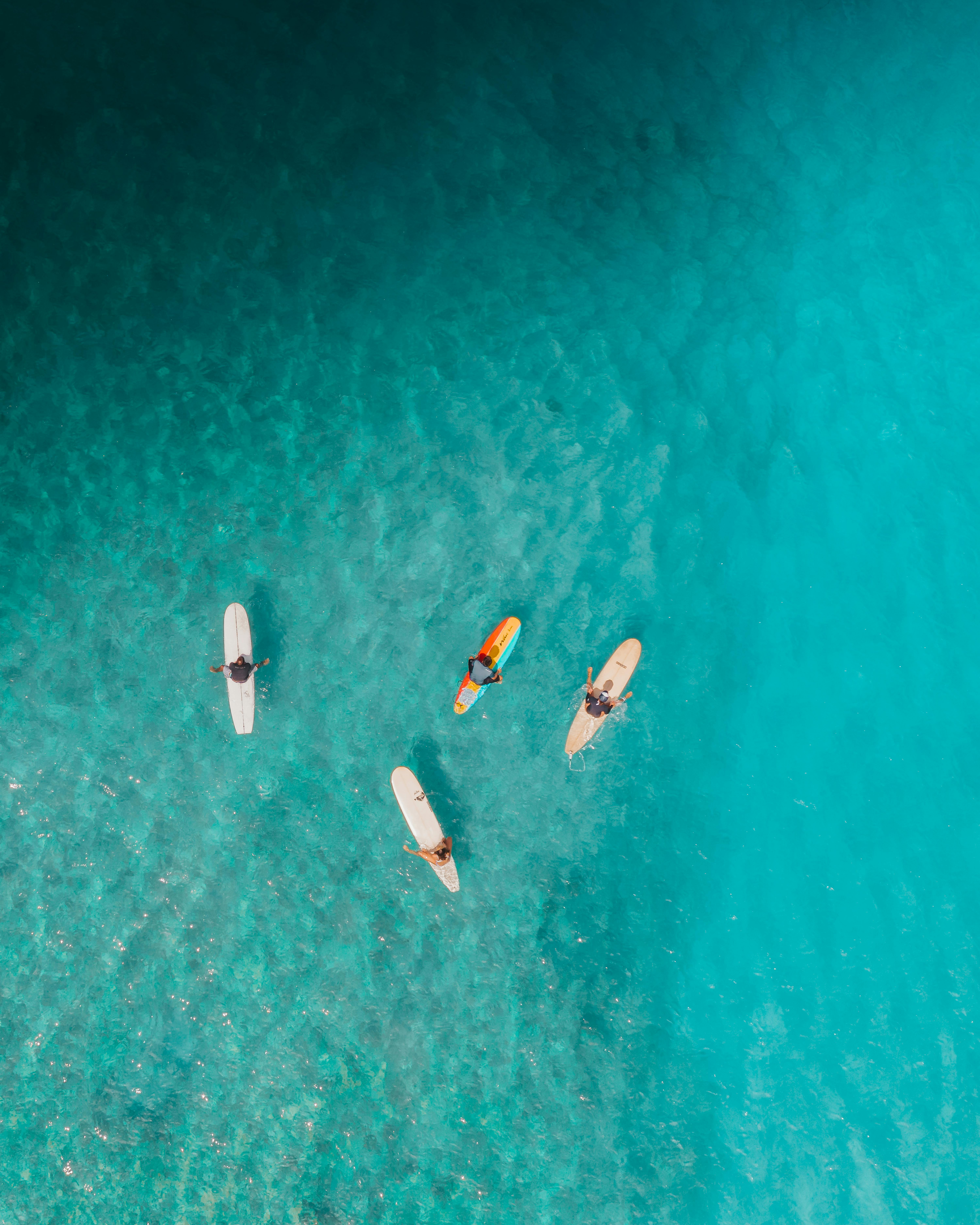 冲浪者用冲浪板漂浮在清澈的碧绿海浪上，无人机镜头记录下了这一幕