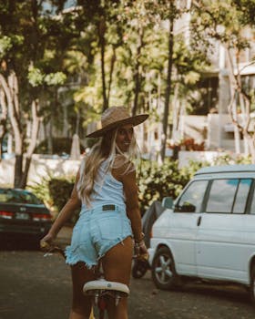 Photo by Jess Loiterton A woman in casual attire rides a bicycle through a sunny street in Honolulu, Hawaii.