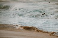 白天，一名冲浪者在夏威夷的沙滩上享受海浪