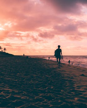 Silhouette of people walking on a beach at sunset, showcasing tranquil ocean views.
