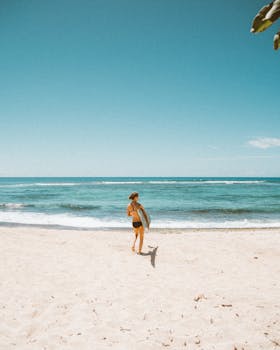 A surfer carries a surfboard along a sandy Hawaiian beach with a clear blue sky and ocean waves.
