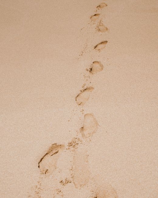 Footprints leading through the sandy beach landscape in Honolulu, Hawaii, captured on a serene day.