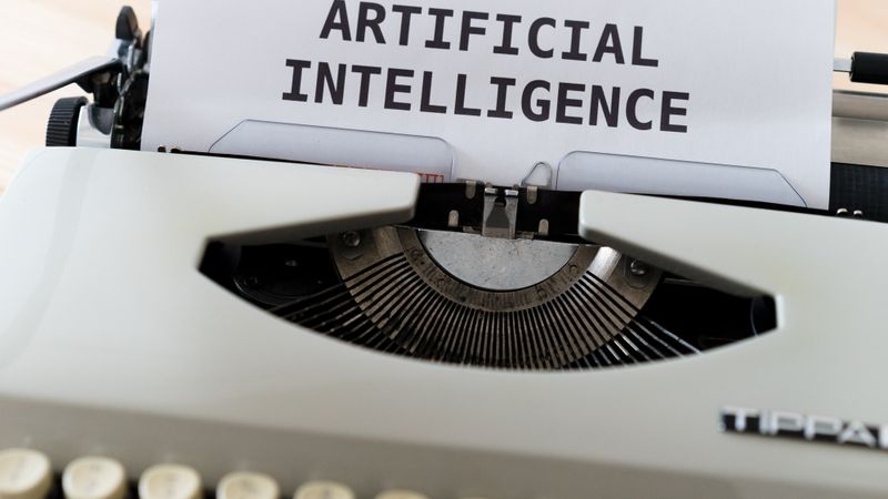 A close-up of a typewriter showcasing 'ARTIFICIAL INTELLIGENCE' on paper.