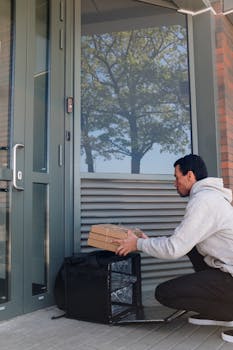 A courier kneeling to deliver packages at a building's entrance.