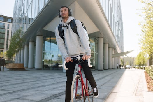 Young man on bicycle with backpack near modern building in city center.