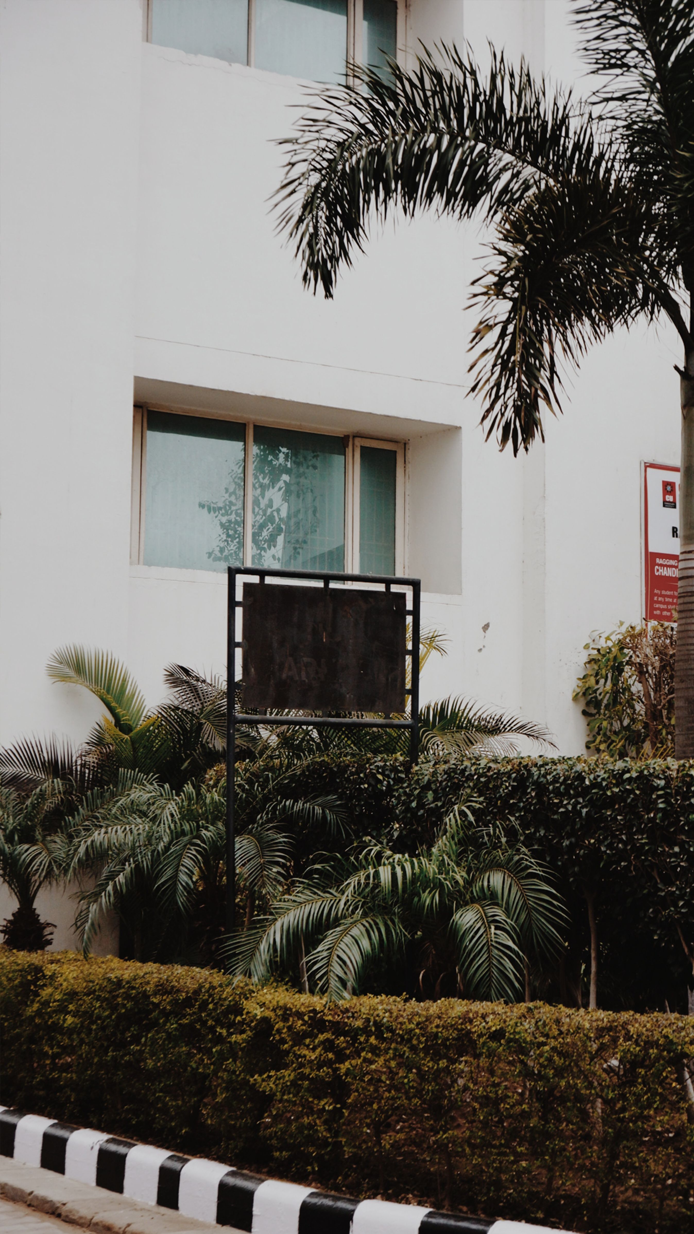 Exterior of contemporary white building near lush tropical greenery and empty poled signboard in daylight