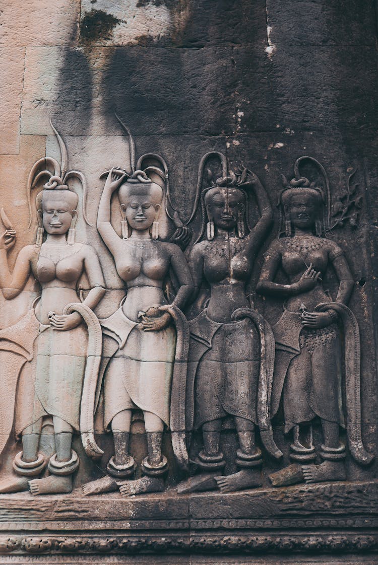 Stone Carvings On Wall Of Prasat Bayon Temple, In Angkor Wat Complex, Cambodia